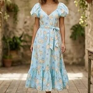 LoveShackFancy Target Blue Floral Puff Sleeve Midi Dress Size 2 NWT